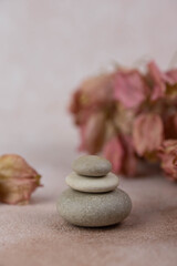Pyramids of gray zen pebble meditation stones with green leaves on beige background. Concept of...