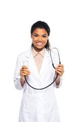 Young african american doctor holding stethoscope isolated on white.