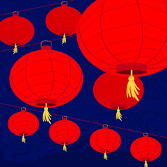 Obraz premium Red lanterns on the background of the night sky in Asian style