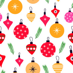 Seamless pattern christmas balls and branch isolated on white. Vector illustration fir card, textile, fabric, paper design, wallpaper