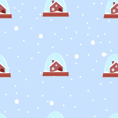  Seamless pattern  snow globe isolated on blue. vector illustration for card, textile, fabric, paper design, wallpaper, kids
