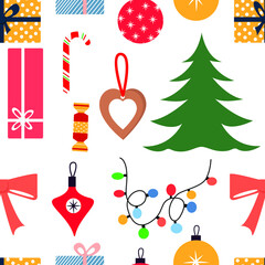 Seamless pattern with New Year, Christmas elements isolated on white. Design for card, textile, fabric, paper design