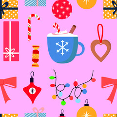 Seamless pattern with New Year, Christmas elements isolated on pink. Design for card, textile, fabric, paper design