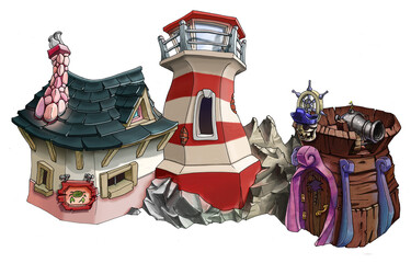 Illustration for pirate bay. Concept art with pirate houses and towers for video games and board games. Helm, lighthouse and pirate house