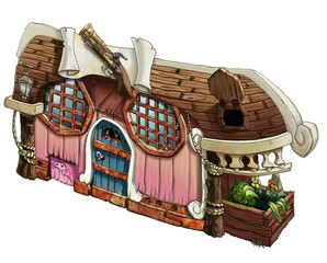 Illustration for pirate bay. Concept art with pirate houses and towers for video games and board games. House with a pirate ship roof and blunderbuss