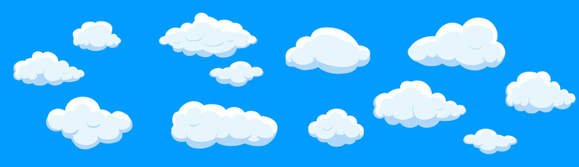 Clouds set isolated on blue background. Collection of clouds for web site, poster, placard and wallpaper. Creative modern concept. Clouds vector illustration