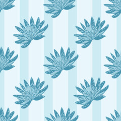 Seamless pattern with hand drawing lotus on striped blue background. Vector floral template in doodle style. Gentle summer botanical texture.