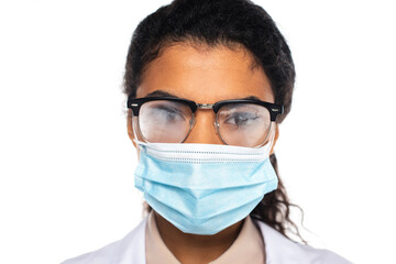 African american doctor in medical mask and fogged eyeglasses isolated on white.