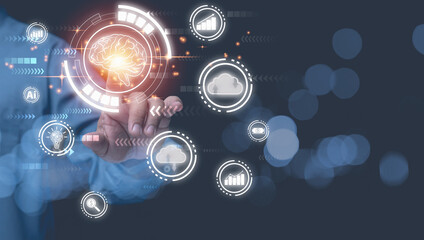 Businessman touching brain icon with cloud computing online network connection, digital background. Connecting to big data analytics, and internet network, digital technology to the future concept.