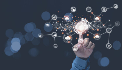 Man touching cloud with network connection, digital background. Cloud computing online connects to big data analytics, and internet network, digital technology to the future concept.