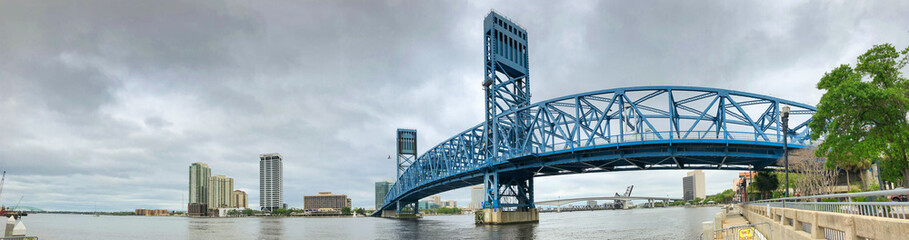 Panoramic view of Downtown Jacksonville and city bridge from Fri - Panoramic view