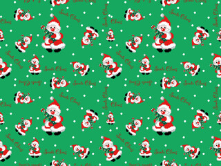 christmas seamless pattern on green background, santa claus, christmas tree