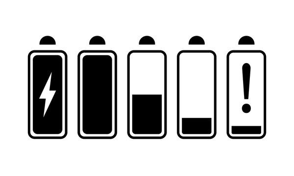 Jeu d'ic&ocirc;nes noires de capacit&eacute; de la batterie. Indicateur de charge de batterie isol&eacute;, symboles d'&eacute;tat verticaux sur fond blanc. Niveau des piles alcalines, vides, pleines, charg&eacute;es, en charge. 