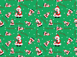 christmas seamless pattern on green background, santa claus, christmas tree