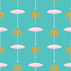 Foto op Canvas Palm tree and sunshine umbrella pattern repeat retro mid century illustrations inspired by Palm Springs summer. Turquoise blue, pink and orange vector illustration. Fun and cute summer surface design. © Claudia