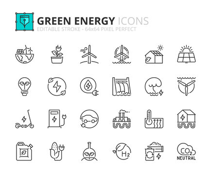 Simple set of outline icons about green energy. Ecology concept.