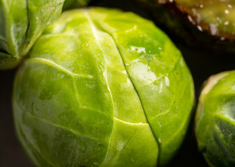 Close-up of raw Brussels sprouts cabbage.