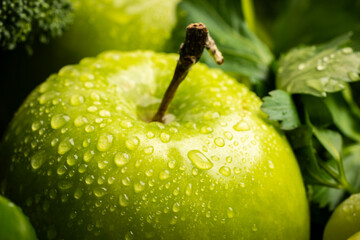 Fresh ripe green apple covered by water drops.