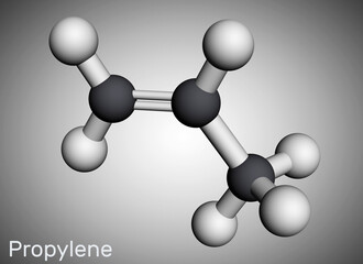 Propene, propylene molecule. It is simplest member of the alkene class of hydrocarbons, unsaturated organic compound with double bond. Molecular model. 3D rendering