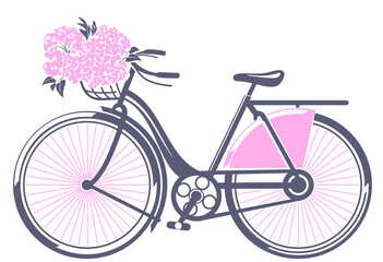 Pink bike with flowers, vector illustration on white background. Wall sticker.