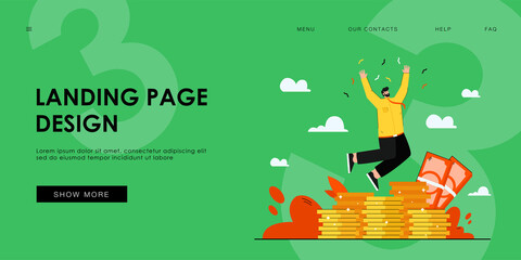 Cheerful rich banker jumping and celebrating trade success flat vector illustration. Cartoon happy businessman getting salary or income. Market growth and finance concept