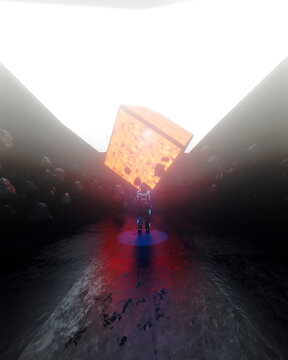 Three dimensional render of astronaut walking toward large mysterious floating cube
