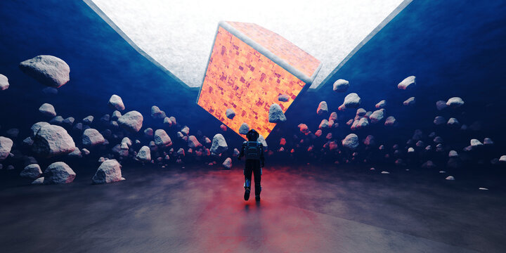 Three dimensional render of astronaut walking toward large mysterious floating cube