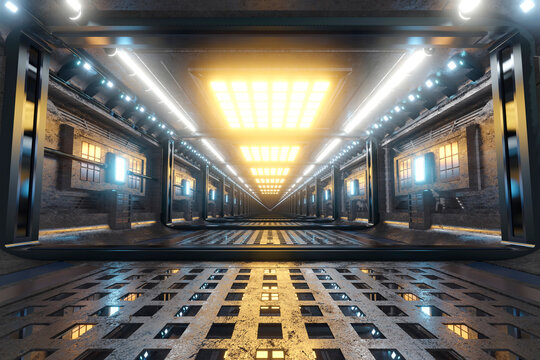 Three dimensional render of futuristic corridor inside spaceship or space station
