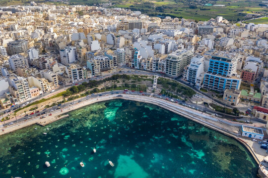 Malta, Northern Region, Saint Pauls Bay, Aerial view of coastal town