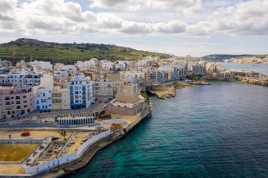 Malta, Northern Region, Saint Pauls Bay, Aerial view of coastal town
