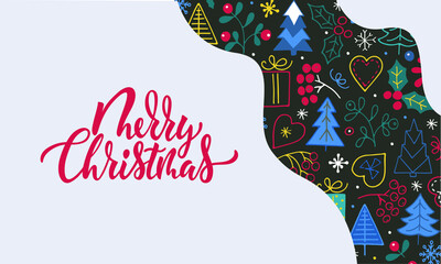 Merry Christmas background design with handwritten text. Holidays symbols drawing in doodle style. Template for banner, poster, invitation, card. Vector illustration, hand lettering