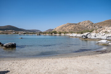 Fototapeta na wymiar Kolymbithres sandy beach at Paros island Cyclades Greece, blue sky, calm sea, summer sunny day.