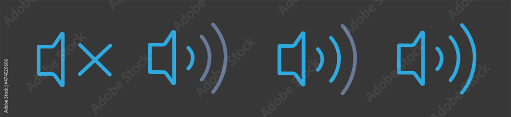 Poster An icon that increases and reduces the sound. Icon showing the mute. A set of sound icons with different signal levels in a flat style. Vector line icon.