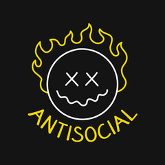 Smile face burn in fire. Antisocial quote. Vector hand drawn doodle line cartoon character illustration. Antisocial,dead smile face,burn print for t-shirt, poster,sticker,cover,card concept