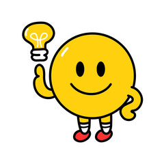 Cute funny emoji smile face with idea lamp. Vector flat line doodle cartoon kawaii character illustration icon. Isolated on white background. Yellow emoji circle character concept