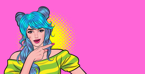 pretty woman surprised pointing up her hand to something