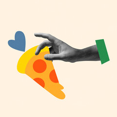 Contemporary art work. Female hand with slice of italian pizza on light background, Illustraition....