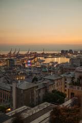 Fototapeta na wymiar stunning panoramic aerial view of the port of Genoa In the evening