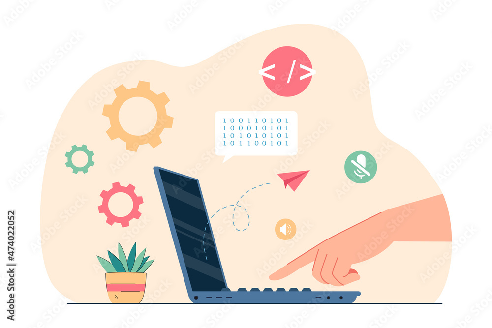 Poster side view of hand pressing key on open laptop. person working on portable computer flat vector illus