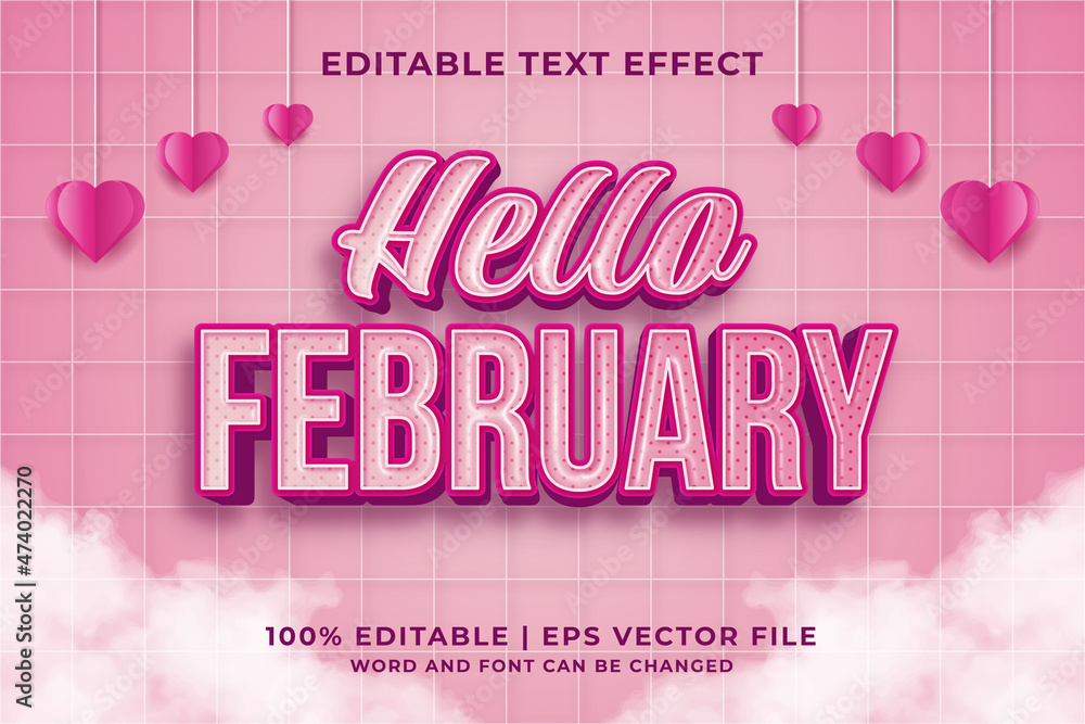 Poster editable text effect - hello february 3d template style premium vector
