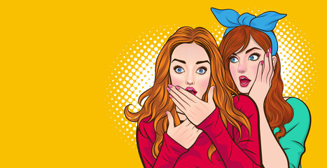 Woman whispering gossip or secret to her friend covered her mouth