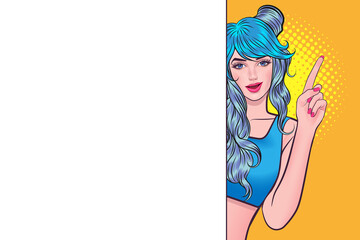 Young woman peeking behind a white banner pointing up