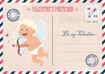 Vintage Valentine’s Invitation postcard, mail, letter with cute cupid. Be my Valentine. Vector illustration