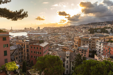 Panoramic view of port of Genoa with Porto Antico, boats and the colorful houses on italian...