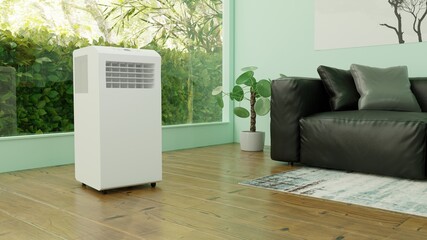 mobile air conditioner in the green room. 3d render