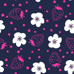 Doodle strawberries and flowers seamless pattern. Perfect for T-shirt, textile and prints. Hand drawn vector illustration for decor and design.
