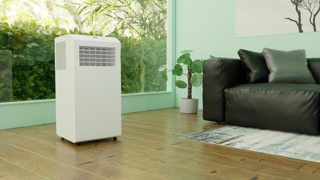 mobile air conditioner in the green room. 3d render
