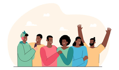 Crowd of happy African American people standing together. Black male and female persons flat vector illustration. Diversity, community, communication concept for banner, website design or landing page