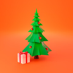 Green Christmas tree with colorful sparkling balls and a gift box decorated with red ribbon against the bright peach background.