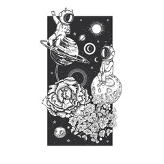 Two astronauts, planets and flowers. Space Print.